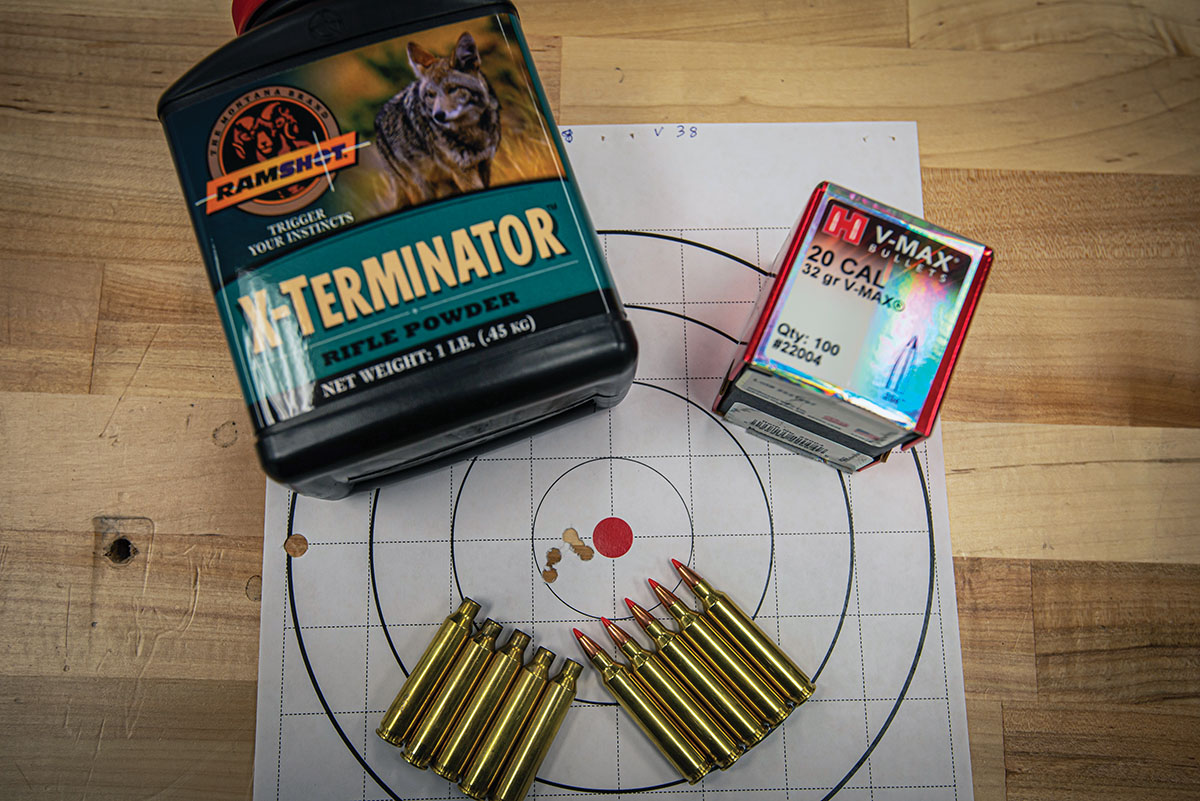Using 26 grains of RAMSHOT X-Terminator with a Hornady 32-grain V-MAX yielded this respectable .65-inch group at 100 yards.
